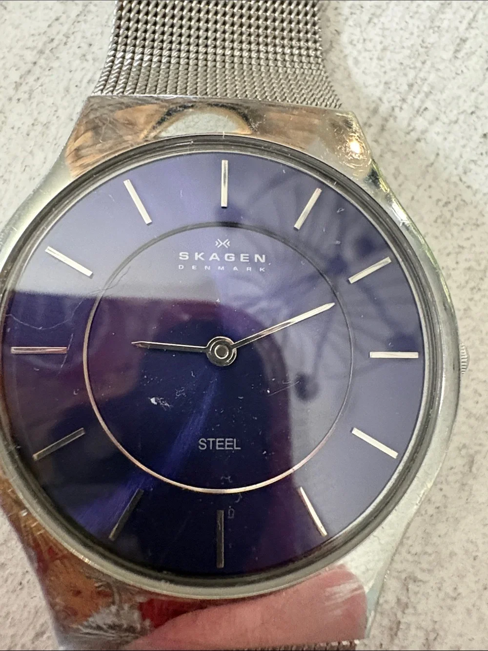 Skagen Silver Mesh Watch with Blue Dial. Works but needs a battery.